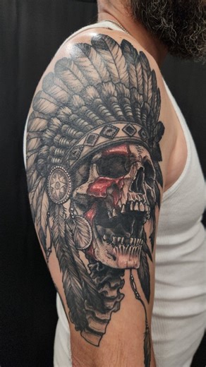 Chase - Mr. J on Instagram: "Cherokee heritage celebration tattoo for Shane. This one was really fun! I'd love to do more realistic skulls and darker-themed pieces, so hmu with your ideas 💀 @paradoxtattoostudio Machine @cheyenne_tattooequipment Needles @creamtattoosupply Inks @dynamiccolor @nocturnaltattooink @thesolidink #tattooartist #tattooshop #skulltattoo #nativeheritage #thanksforlooking"