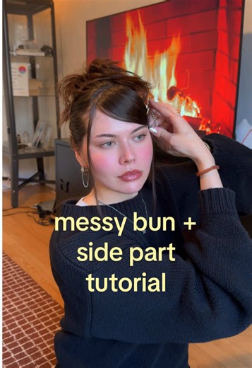 hair tutorial for this messy bun side part look from a video the other day!! is this thing on?? 🎤 my tiktok has been so weird for the past few days #hairtutorial #sidepart #sideparthairstyles #messyupdo #messybuntutorial