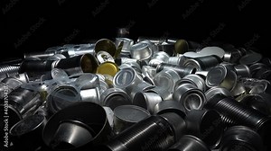 Metal tins, cans and jar garbage from household on the table. City home trash made of aluminum. Empty used, food and drink steel packaging waste and scrap discarded sorted and ready to recycle. Stock Video