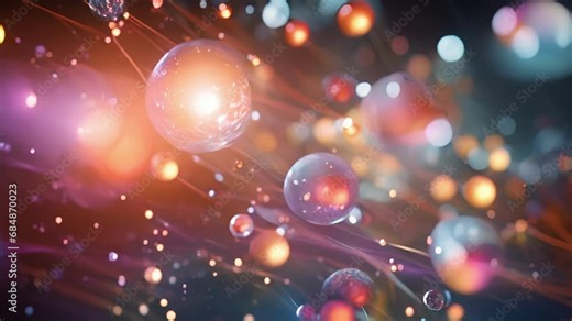 Closeup of a dense and chaotic mixture of quarks and gluons, moving in all directions at once. Some form temporary s, only to quickly disintegrate and reform as the tiny particles continue