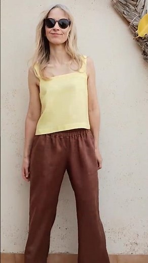 Linen, mid-rise, slip on, wide trousers with side pockets / TULIP / Brown #kadrika