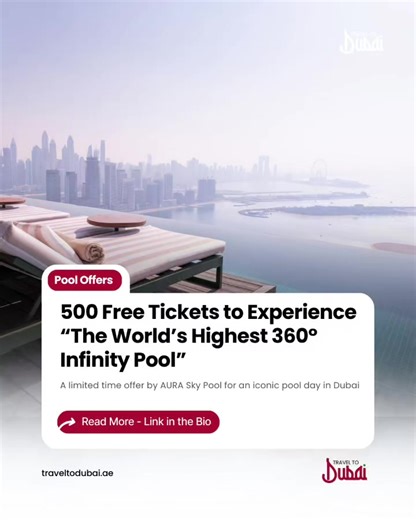 🌅 Experience AURA Skypool – Limited Free Ticket Offer Take a moment above the city and reconnect with yourself at AURA Skypool, the world’s highest 360° infinity pool. For a limited time, 500 complimentary tickets are being offered for guests to enjoy this iconic Dubai experience. How to get your ticket: 1️⃣ Visit auraskypool.com 2️⃣ Choose any pool experience of your preference 3️⃣ Enter the promo code AURA500 during booking ⏳ This special invitation is valid for bookings until 31 March, so se