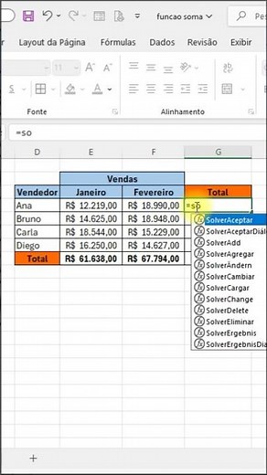 Função soma no Excel