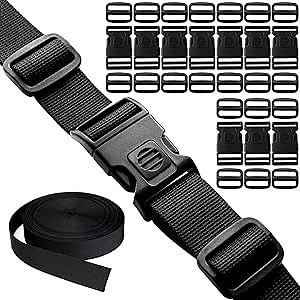 Buckles Straps Set of 1 inch: 10 pcs Quick Side Release Buckle Adjustable Lockable + 12 Yard Black Nylon Webbing Strap Band + 20 pcs Tri-glide Slide Clip, No Sewing Required Heavy Duty Durable