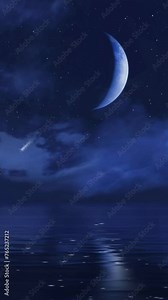 Vertical video of dreamlike starry night sky with falling stars or meteors and fantastic big half moon among fluffy clouds above calm mirror ocean surface. Magic seascape 3D animation rendered in 4K