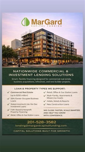 🚀 Need Capital for Your Next Commercial or Business Deal? We Get It Done Right. At MarGard Capital Funding, we specialize in structuring precise, strategic financing solutions for investors, business owners, developers, churches, and non-profits across the U.S. With access to a deep network of institutional and private capital sources, we don’t just submit deals—we engineer funding solutions that match your asset, timeline, and growth strategy. Whether you’re acquiring, refinancing, repositioni