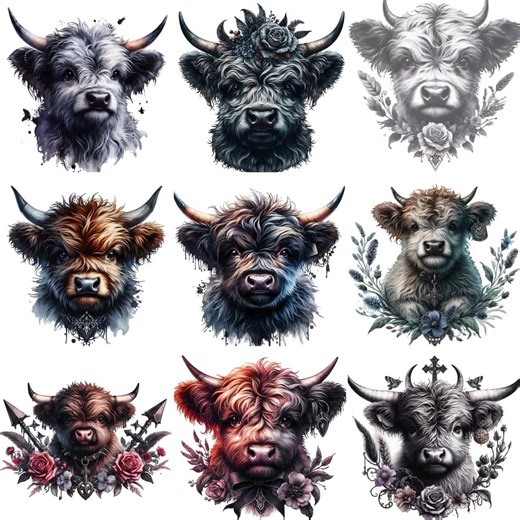 Watercolor Gothic Highland Cow Clipart, Baby Animal PNG (digital Download) - Etsy