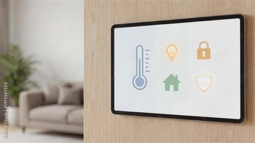 Smart home control panel thermostat lighting security energy wall display in modern living room with sofa and plant