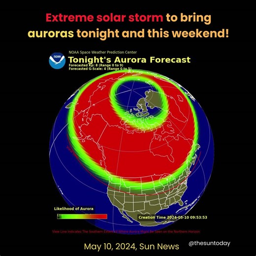 a look back - 🌎 Mega Geomagnetic Storm! ⚡️ On May 10, 2024, Earth was hit by a powerful G5 geomagnetic storm—our strongest in decades! With a Dst index plummeting to -412 nT, it rivaled the famous 1989 storm. Earth’s magnetic shield got quite the workout! 🛡️ #GeomagneticStorm #SpaceWeather #G5Storm | The Sun Today: Solar Facts and Space Weather
