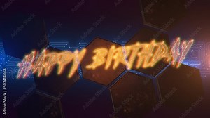 Happy Birthday with motherboard and hexagons pattern, motion abstract holidays, futuristic and cyberpunk style background Stock Video