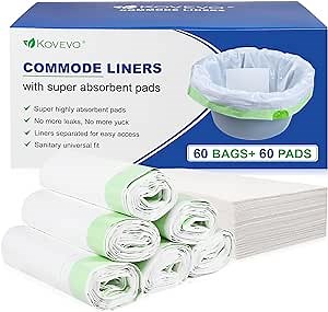 Kovevo 60 Pack Commode Liners with Absorbent Pads, 60 Bedside Commode Liners and 60 Commode Pads, Portable Toilet Liners for Commode Bucket | Universal Fit | Make Cleanup Simple