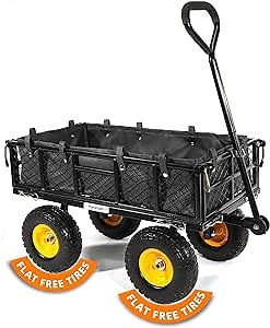 Heavy Duty Steel Garden Cart with No-Flat Tires and Liner, 400Lb Capacity Lawn Yard Wagon with Flat-Free Tire Solid Wheels and Removable Sides for Outdoor, Gardening, Farm, Ranch - Black