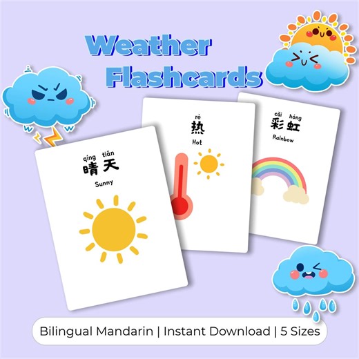 Weather Flashcards, Bilingual Weather Cards, Simplified Chinese Learning, Montessori Printable, Digital Download, 15 Weather Types - Etsy