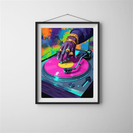 DJ Turntable Wall Art, Neon Music Illustration, Hip Hop DJ Hand Art, Pop Art Vinyl Record, Printable Digital Download - Etsy