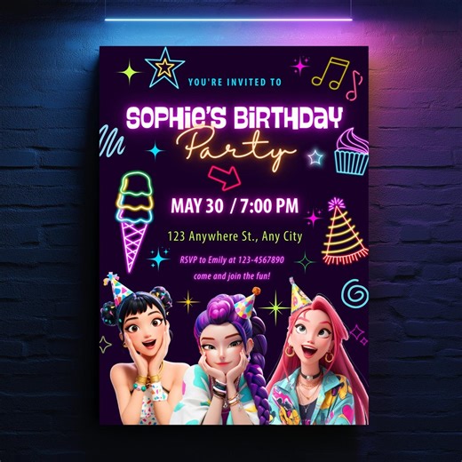 Kpop Demon Hunters Birthday Invitation, Editable Huntrix Invite, Neon Theme K-pop Invites, Printable & Digital Evite (canva Template) - Etsy Canada