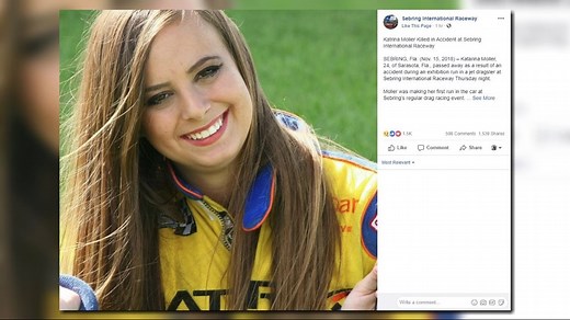 Officials: Jet dragster driver Kat Moller died after debris hit helmet at Sebring race track