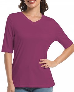 Casual V Neck T-Shirts for Women, Trendy Half Sleeve Elbow Length Tops