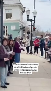 Residents of all ages in Chelsea formed a human chain and helped a local bookshop move each of its 9,100 books — one by one — to a new storefront about a block away Sunday. The “book brigade,” as owner Michelle Tuplin calls it, had around 300 people participating. Two lines stood running along a sidewalk in downtown Chelsea, passing each title from the @serendipity_books_chelsea serendipity_books_chelsea former location directly to the correct shelves in the new building, down the block and arou