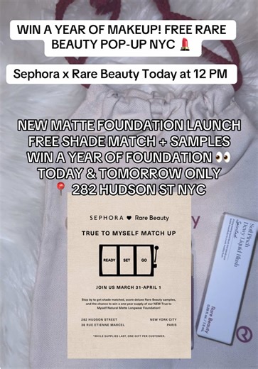 WIN 1 year of free makeup! NYC beauty lovers, this is your sign 💄✨ The Rare Beauty True to Myself Matte Pop-Up has officially landed in Manhattan and it’s giving flawless skin, perfect shade matches, and exclusive perks. @Rare Beauty @SEPHORA Be among the first to experience the NEW True to Myself Natural Matte Longwear Foundation, get professionally shade matched IRL, and take home deluxe samples while supplies last. Plus… you could win a YEAR’S supply of foundation 👀 If you’re serious about 