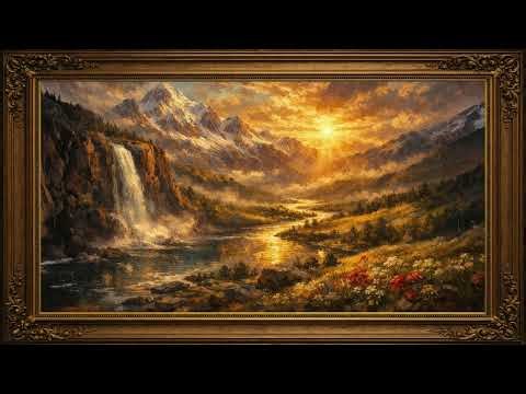 Waterfall Mountain with Snow at Golden Sun 4K Screensaver Frame TV ART Decor Wallpaper
