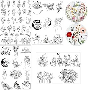 Water Soluble Embroidery Patterns - 4 Sheet Stick & Stitch Embroidery Paper Wash Away, Water Soluble Stabilizer for Embroidery, Mushroom Moon Butterfly Designs, Suprise for Hand Sewing Lover