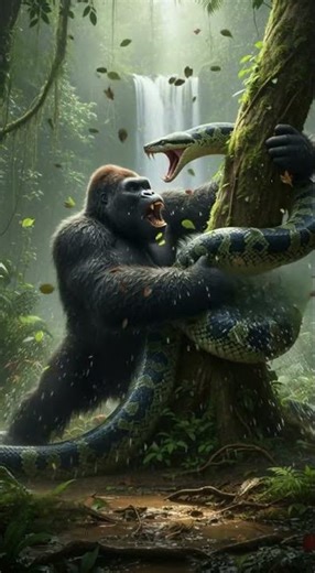 King Kong fights a giant anaconda in the dense tropical jungle.