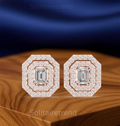 Emerald Cut Diamond Halo Stud Earrings, Lab-grown Diamond, Minimalist Luxury - Etsy