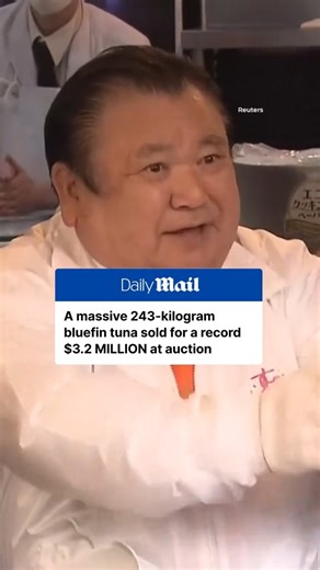 A 243-kilogram bluefin tuna was sold to a Japanese sushi restaurant for a record $3.2million at an auction in Tokyo's Toyosu fish market. The price of a bluefin can vary but the fish is popular among high-end sushi and sashimi dishes. The prized catch went to Kiyomura Corp, a Tokyo-based operator of popular sushi restaurant chain Sushizanmai. #tuna #japan #fish #bluefintuna | Daily Mail - Fan | Facebook