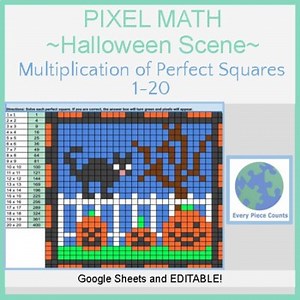 Pixel Art Math - Halloween Scene - Multiplication of Perfect Squares 1 - 20