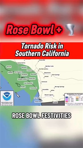 Rainy Day Weather on Instagram: "🌹 Going to the Rose Bowl or in Southern California? ⚠️ 🌪️ An isolated tornado risk has been assigned for southern california! This is mainly associated with an atmospheric river whipping up some storms! Stay weather aware and remember to seek shelter if a warning is issued! #california #rosebowl #weather #tornado #alert"