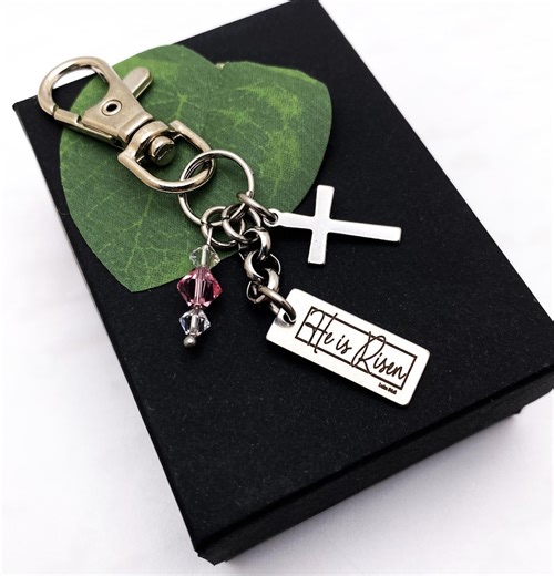 Christian Keychain "he IS Risen" With Cross and Swarovski Crystals - Bag Charm, Keychain - Engraved With "he is Risen" - Etsy