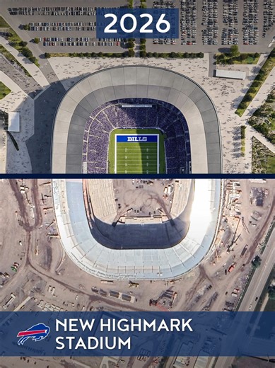 🇺🇸📈 Transformation of New Highmark Stadium A new stadium for the Buffalo Bills is being built to replace the aging one. After years of discussions, the plan ultimately settled on constructing it right next to the current venue in Orchard Park. Designed by Populous, the stadium will have only partial roofing—covering roughly 65% of seats—citing both cost reasons and the “identity” of the Bills’ winter games. Opening is planned for July 2026. After the move, the old stadium is to be demolished.