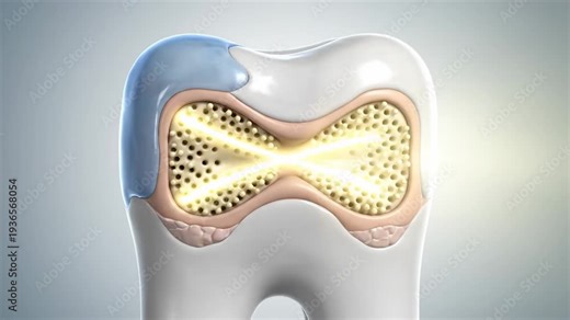 Dentin Hypersensitivity Concept \'96 semi-realistic 3D medical render highlighting microscopic dentinal tubules exposed beneath worn enamel, translucent outer layer fading to reveal internal