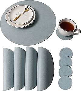 Embossed PU Leather Round Placemats, Waterproof Coffee Coasters, Kitchen Table Mats, Easy to Wipe Off for Dining Round Table, Set of 4