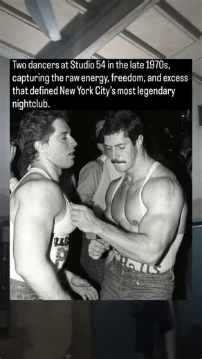 Two dancers at Studio 54 in the late 1970s, capturing the raw energy,