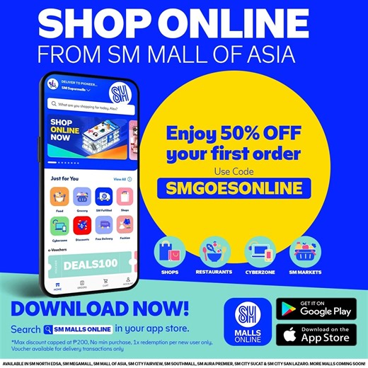 You can now shop online from SM Mall of Asia! Download the SM Malls Online App and get 50% off your first order when you shop from retail brands, restaurants, Cyberzone, or SM Markets! Click here to download: https://smmallsonline.onelink.me/DFqS/SMMOA | SM Mall of Asia Official