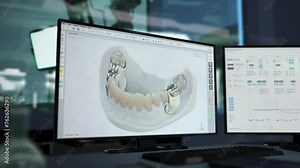 Making dental restorations in the modern stomatology software. Dental software manufacturing restorations for injured jaw. Dental software attaching the restorations into the jaw model