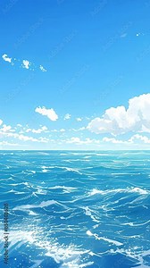 Anime-inspired aerial view capturing serene seascape with deep blue ocean and clear sky. Dynamic white waves add motion and depth to the scene.