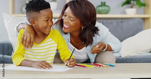 Mother, homework and hug in home with school paper, child and studying together in living room. Learning, support and love of a mom and young kid with education notes in a lounge with conversation