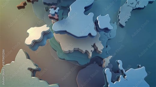 Dynamic 3D animation visualizing a world map with continents expanding and rising in a layered effect. Ideal for global themes, data representation, and international concepts.