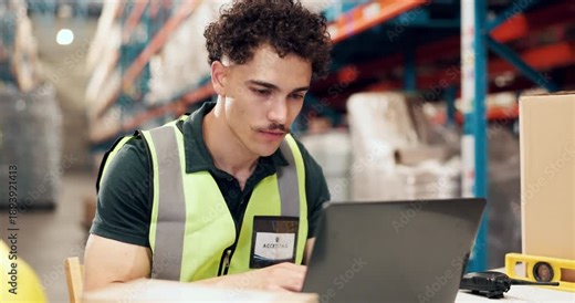 Man, scan and box for logistics in warehouse for barcode, stock control and inventory management. Person, laptop and scanner for package pricing, shipping information and qr code for distribution