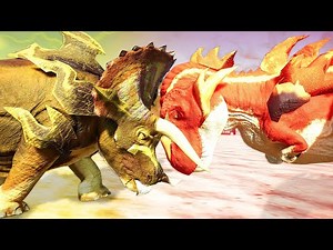 Dinotector Terry Vs Chomp | T-rex Vs Triceratops - Jurassic World Evolution (Dinosaur King Mods)