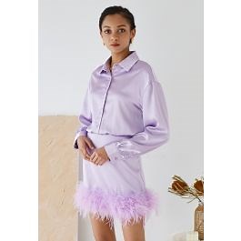 Fringe Hem Satin Long Sleeve Dress in Purple