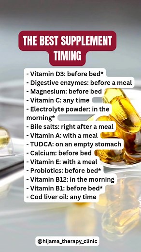 172K views · 831 reactions | Supplement timing guide!  Get the most out of your vitamins by taking them at the right time. Save this post for future reference and share with your followers! #HealthTips #WellnessTips #SupplementFacts" | Hijama Therapy Clinic | Facebook