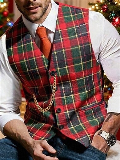 Career Christmas Fashion Spring Fall Buttons Polyester Woven Breathability Plaid Single Breasted V Neck Slim Fit Red Vest 2025