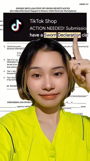 Replying to @nyllagasandaya Ganito mag submit ng sworn declaration as online-seller dito sa 📝🎉 🛒 1️⃣ Download Annex A online: Link to Annex A form ▶️ https://assets.kpmg.com/content/dam/kpmg/ph/pdf/InTAX/2024/RMC No. 8-2024 Annex A.pdf 2️⃣ Fill in your information in the form: ▶️Owner Name ▶️Online Shop name ▶️ TIN number ▶️Gross income ▶️Notary stamp ▶️Signed by attorney 3️⃣ Submit the form and wait for BIR release documents. 4️⃣ Submit it on TikTok Shop Seller Center: ▶️Navigate to finance 
