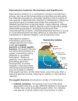 Reproduction Isolation Worksheet for Sub-Plan or Classwork & Homework
