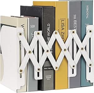 Adjustable Book Ends, Metal Iron Non Skid Boo kends, Expandable Bookcase Bookend Stand Holder Book Storage Rack, Heavy Bookends for Office Desk, Shelf, Stationery (White)
