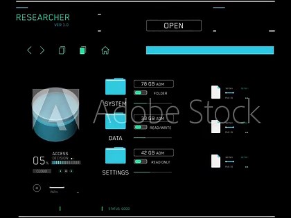 Animated futuristic user interface showing a file and data management system with folder access and loading animations. Tech HUD overlay for data concepts