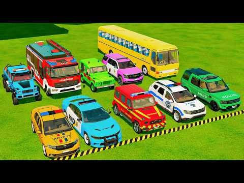 TRANSPORTING POLICE CARS, AMBULANCE and FIRE TRUCK WITH TRAIN! COLORFUL CARS | Farming Simulator 22